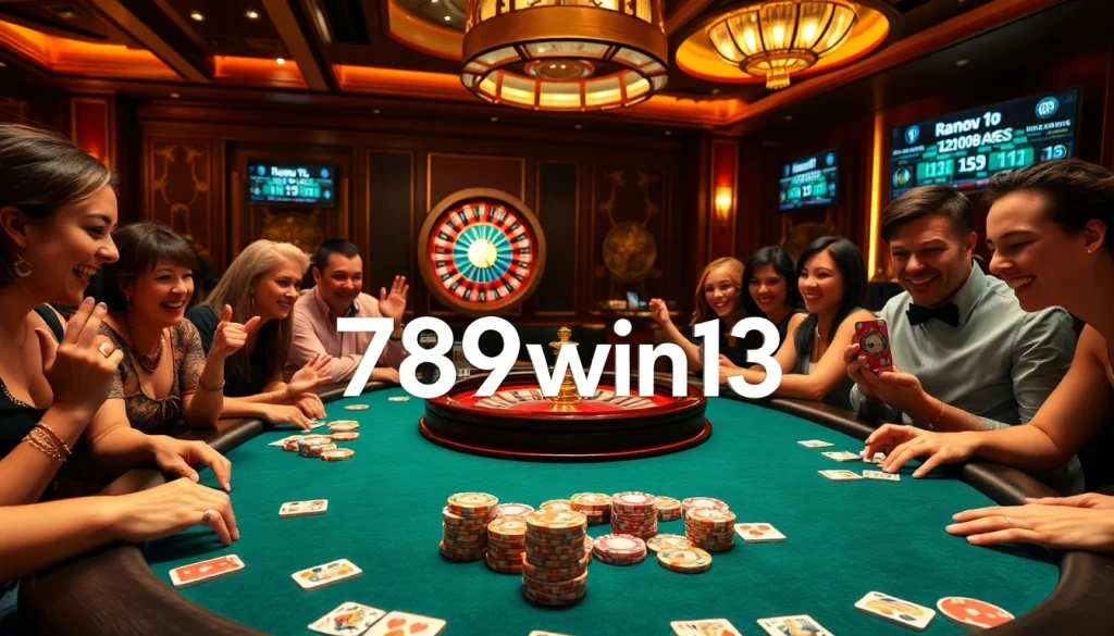 Engage in a thrilling poker game with 789win13 at a luxurious casino table filled with chips and cards.