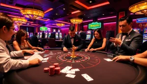 Engaged players enjoying a DRAGON222 poker game at a luxurious casino table.