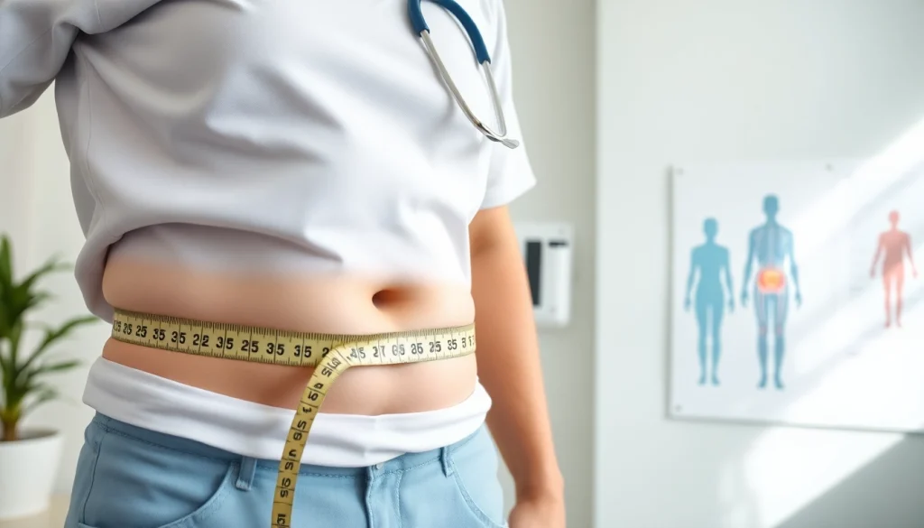 Healthcare professional assessing visceral fat measurements in a clinical environment.