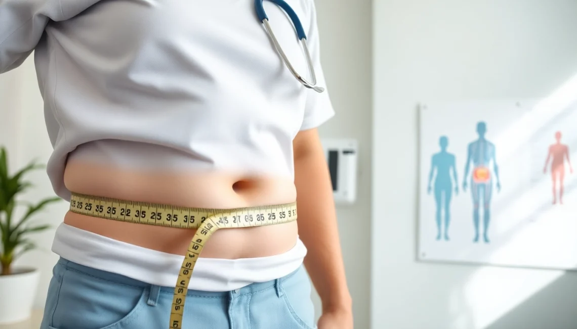 Healthcare professional assessing visceral fat measurements in a clinical environment.