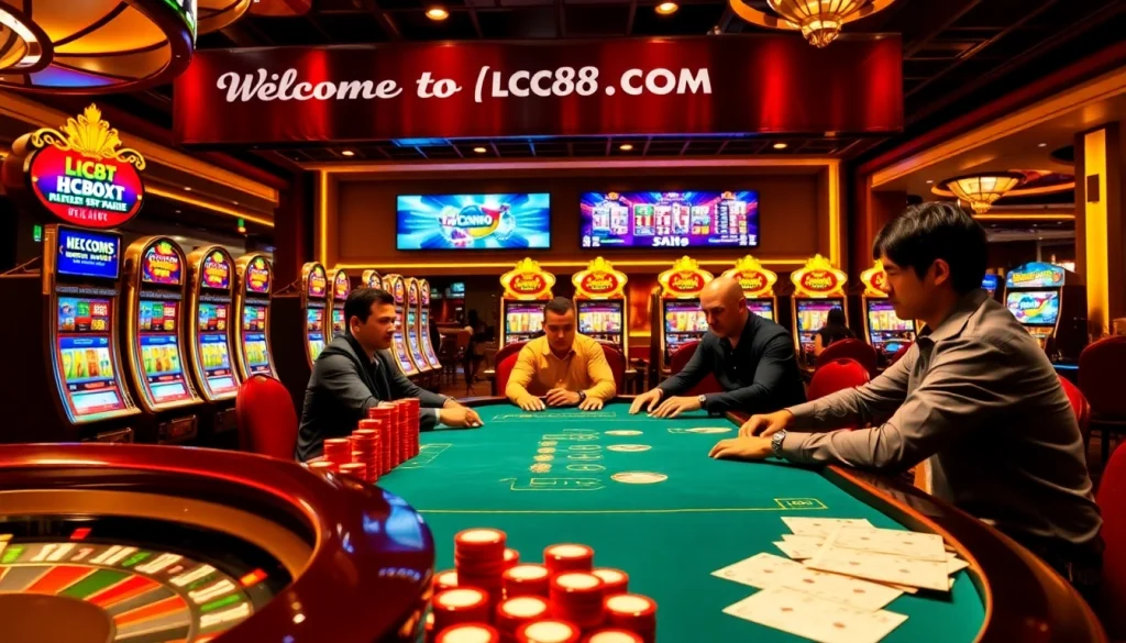 Players enjoying poker at a vibrant table in LC88.COM casino, with colorful chips and slot machines.