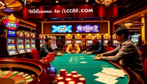 Players enjoying poker at a vibrant table in LC88.COM casino, with colorful chips and slot machines.