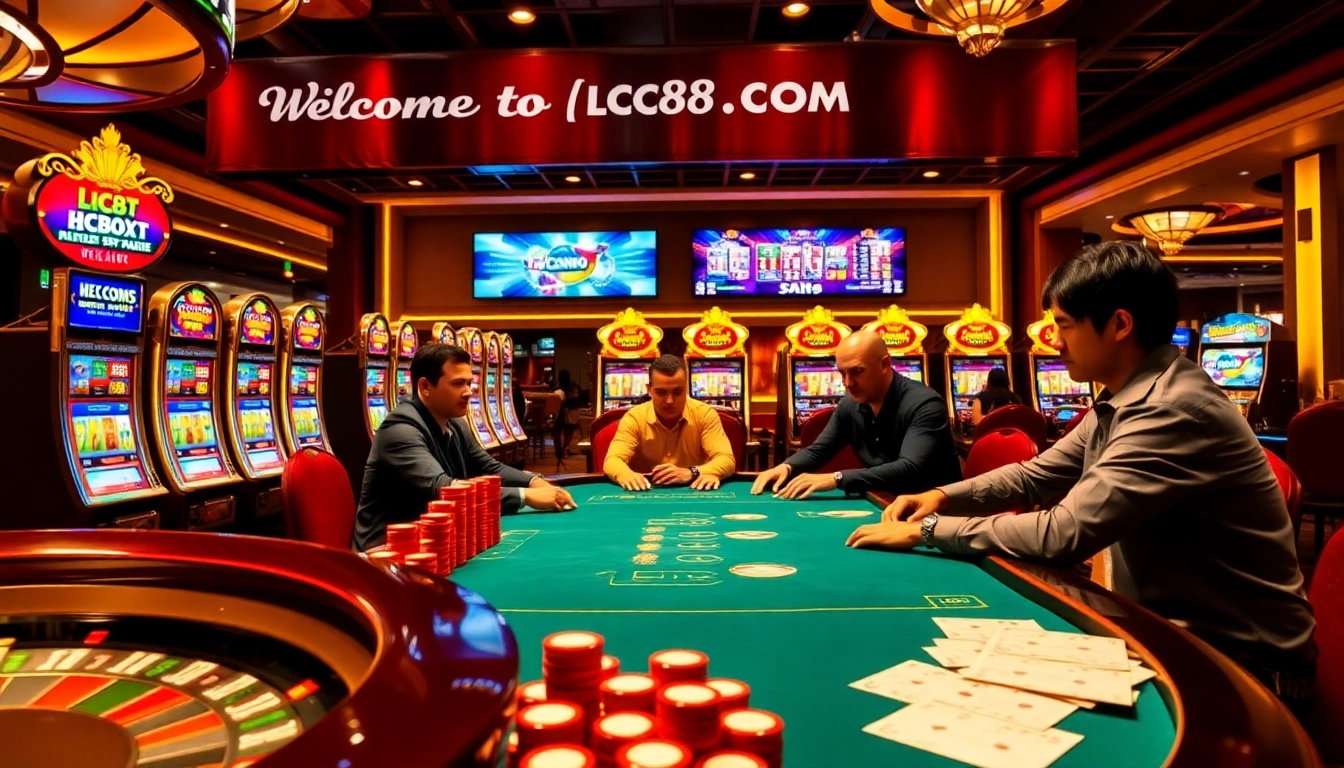 Players enjoying poker at a vibrant table in LC88.COM casino, with colorful chips and slot machines.