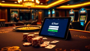 Engage in the excitement of the 67bet Login on a luxurious casino table with vibrant poker chips.