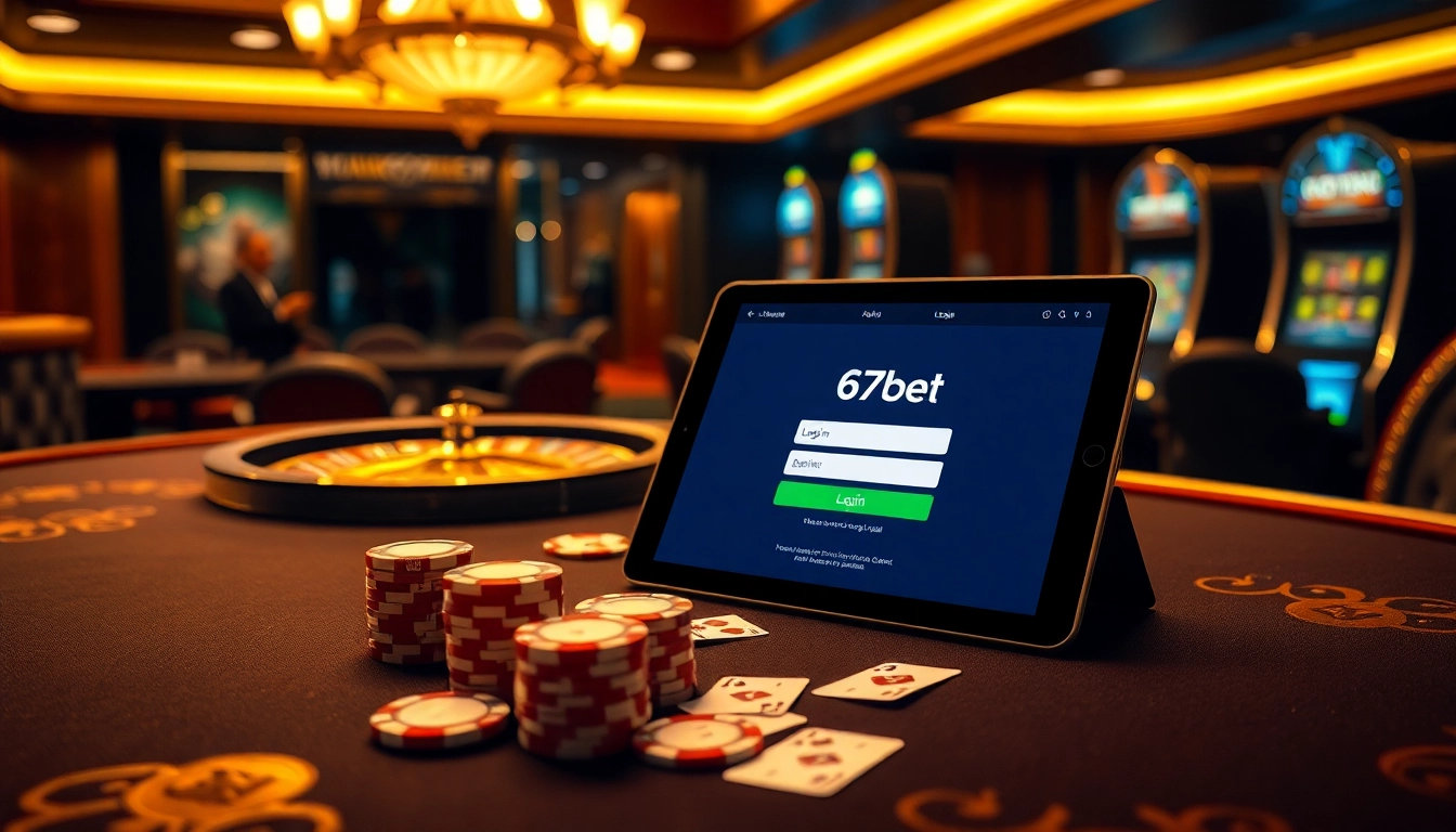 Engage in the excitement of the 67bet Login on a luxurious casino table with vibrant poker chips.