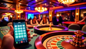 Experience the excitement of casino gaming with the U888 app featuring colorful gambling tables and a roulette wheel.