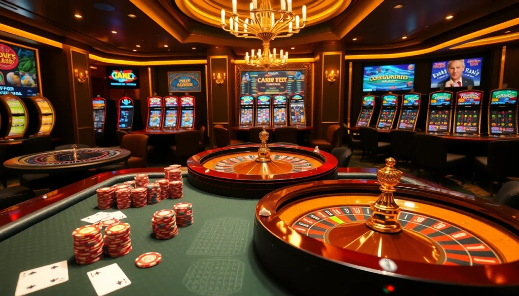 Experience high-stakes action at https://kjc.football/ casino featuring poker and roulette amidst colorful chips.