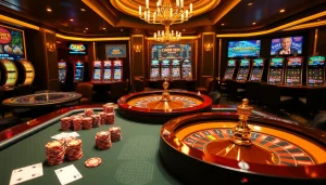 Experience high-stakes action at https://kjc.football/ casino featuring poker and roulette amidst colorful chips.