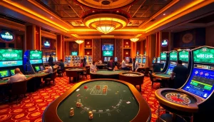Players enjoy gambling excitement at a casino with a vibrant w88 link display in the background.