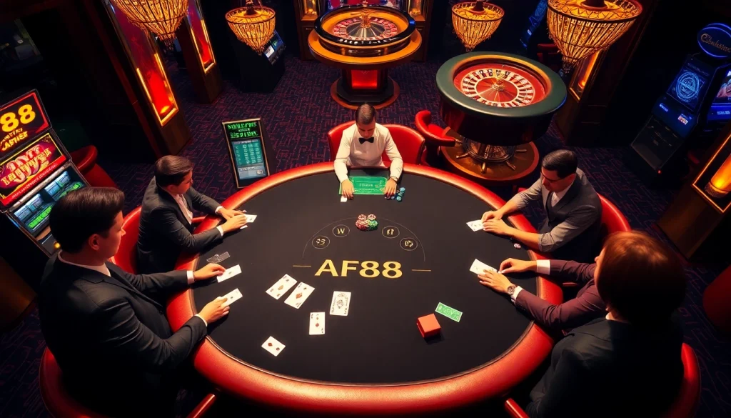 High-stakes poker action at AF88 casino with luxury decor and vibrant atmosphere.
