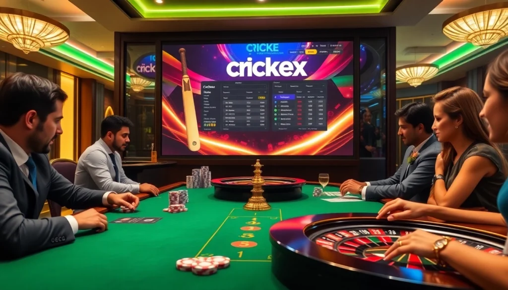 Players engage in thrilling crickex betting amidst luxury casino atmosphere, showcasing vibrant gaming elements.