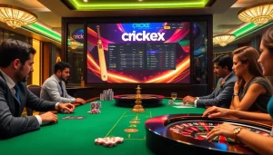 Players engage in thrilling crickex betting amidst luxury casino atmosphere, showcasing vibrant gaming elements.