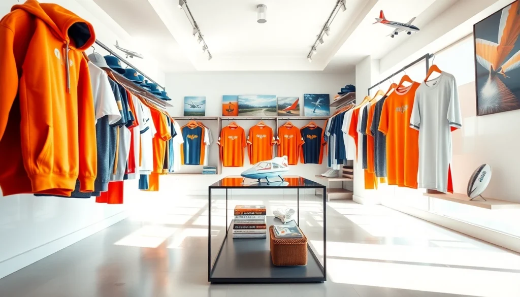 FLY88 aviation-inspired apparel showcasing trendy clothing in a modern showroom.