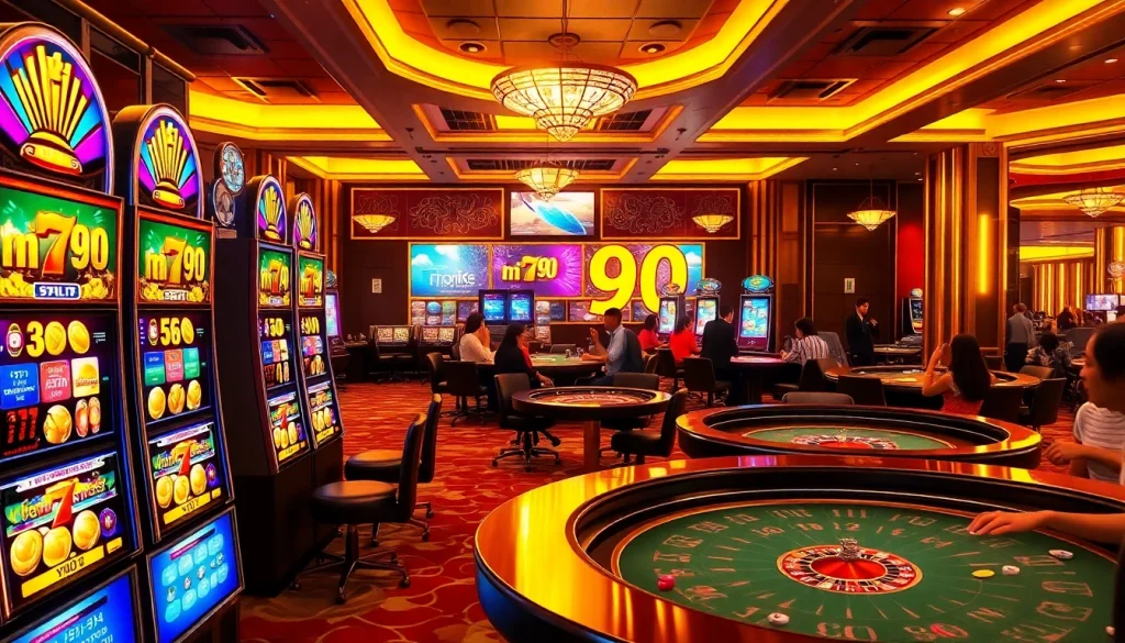 Nổ hủ 90 themed slot machines lighting up with colorful graphics and casino excitement.