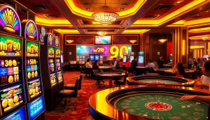 Nổ hủ 90 themed slot machines lighting up with colorful graphics and casino excitement.