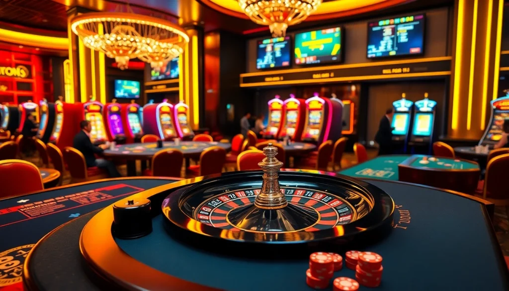 Experience the thrill of KJ C at a luxurious casino with vibrant roulette wheels and poker tables.