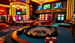 Experience the thrill of KJ C at a luxurious casino with vibrant roulette wheels and poker tables.