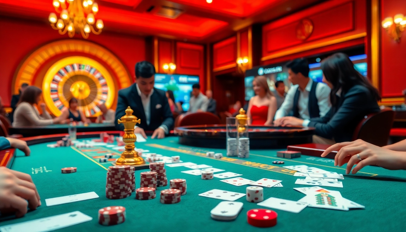 Experience the thrills of gambling at Trang Chủ 56WIN with vibrant casino elements and players engaged in games.