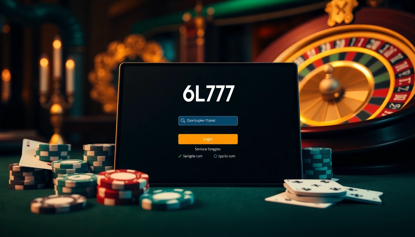 Engage with the exciting 6L777 Login experience, featuring casino elements like poker chips and cards.