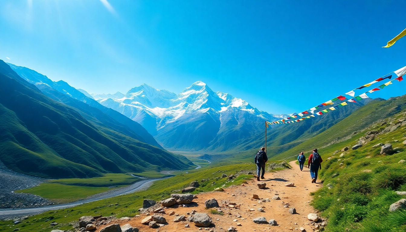 Stunning view of Manaslu Circuit with trekkers in front of Mount Manaslu and prayer flags.