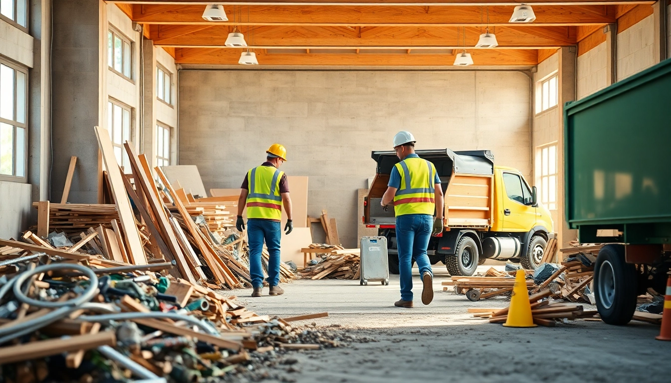Efficient construction debris removal service with professionals removing waste, promoting eco-friendly practices.
