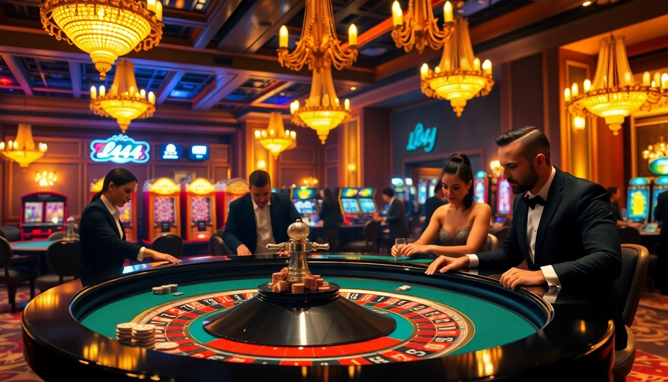 Players enjoy high-stakes roulette at l444 Casino, illuminated by luxurious decor and chips.