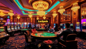 Experienced players enjoying high-stakes poker at the luxurious Luckywin casino.