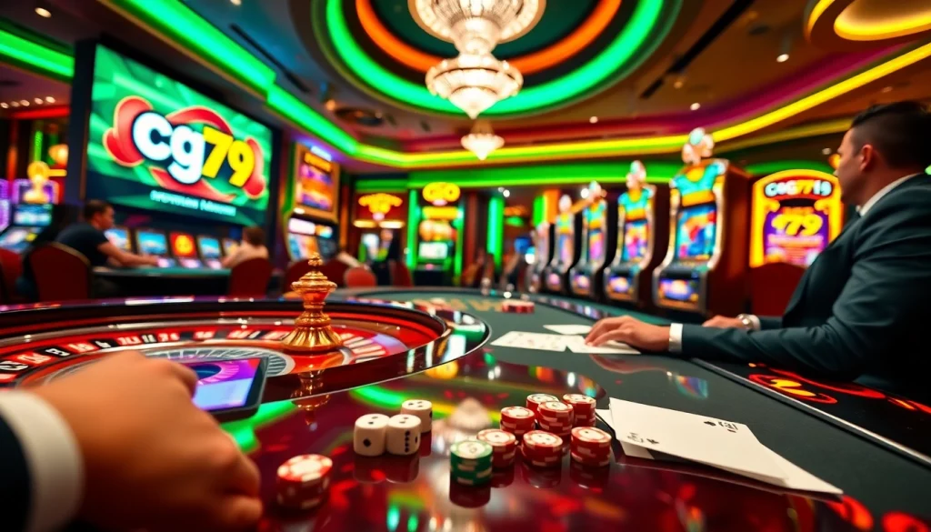 Tham gia các trò casino hấp dẫn tại cg79 với ánh đèn rực rỡ và những chiếc chip poker.