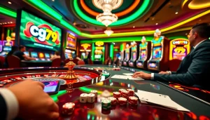 Tham gia các trò casino hấp dẫn tại cg79 với ánh đèn rực rỡ và những chiếc chip poker.