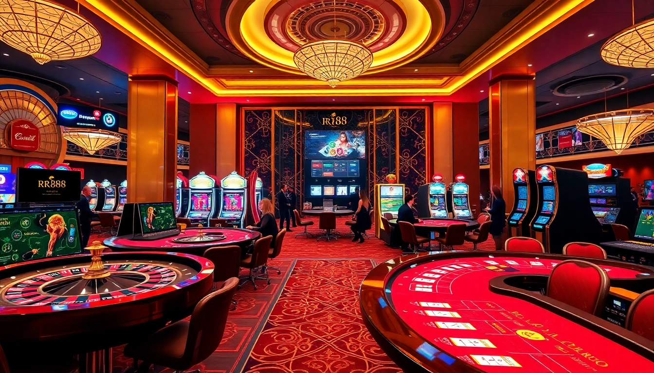 Exciting scene of casino action at nhà cái rr88 featuring poker tables and slot machines.