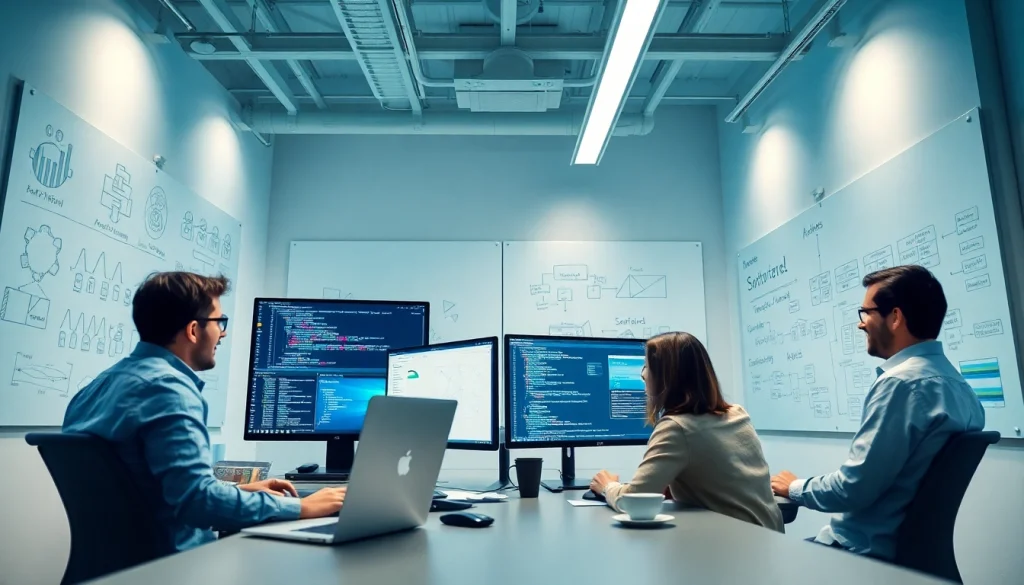 Collaborative software engineering team analyzing code and data in a modern workspace.