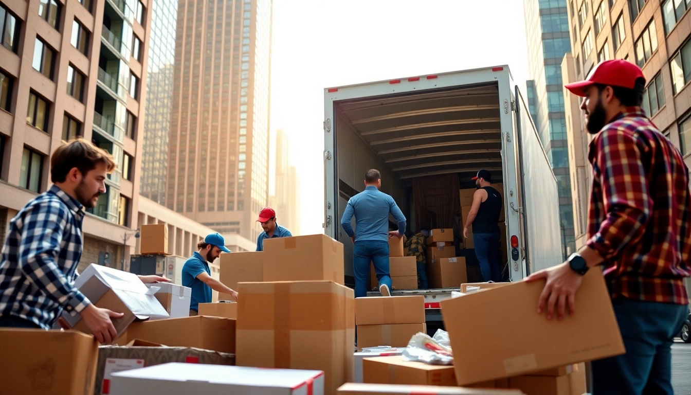 Movers and Packers team efficiently loading boxes into a moving truck in an urban setting.
