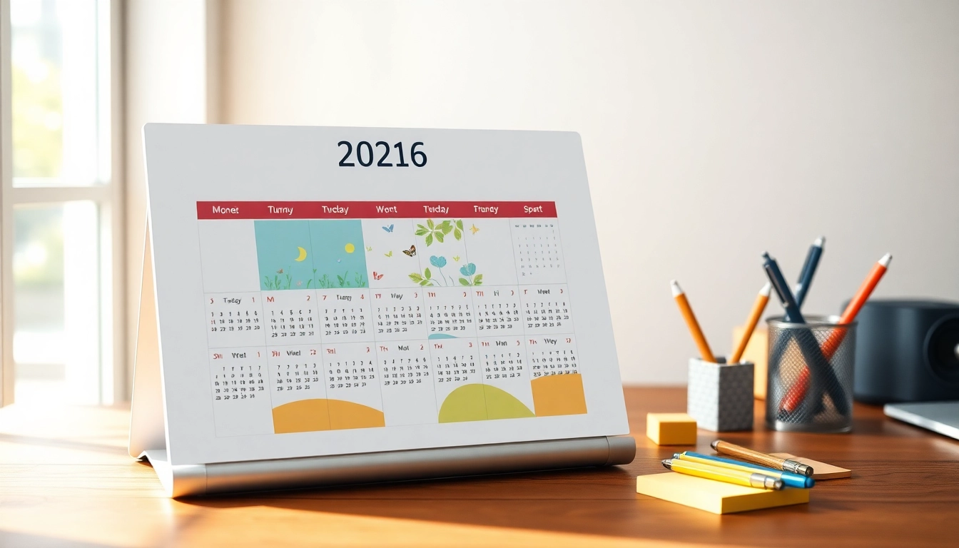 Explore the vibrant free calendar 2026 displayed on a wooden desk, promoting effective year planning.