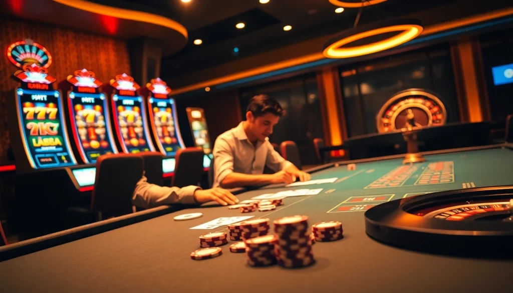 Nohu90 players assessing their game strategy at a luxurious casino table with poker chips.