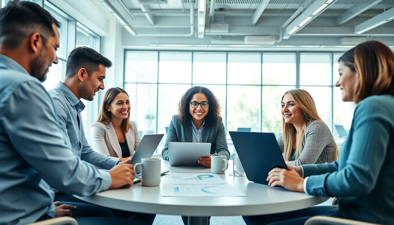 Marketing Agency team collaborating in a bright office space, showcasing strategy and innovation.