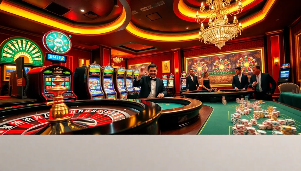 Engaging casino scene showcasing the excitement of 555win com with roulette and slot machines.