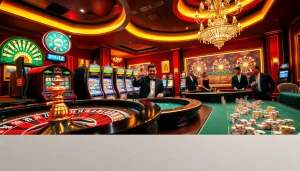 Engaging casino scene showcasing the excitement of 555win com with roulette and slot machines.