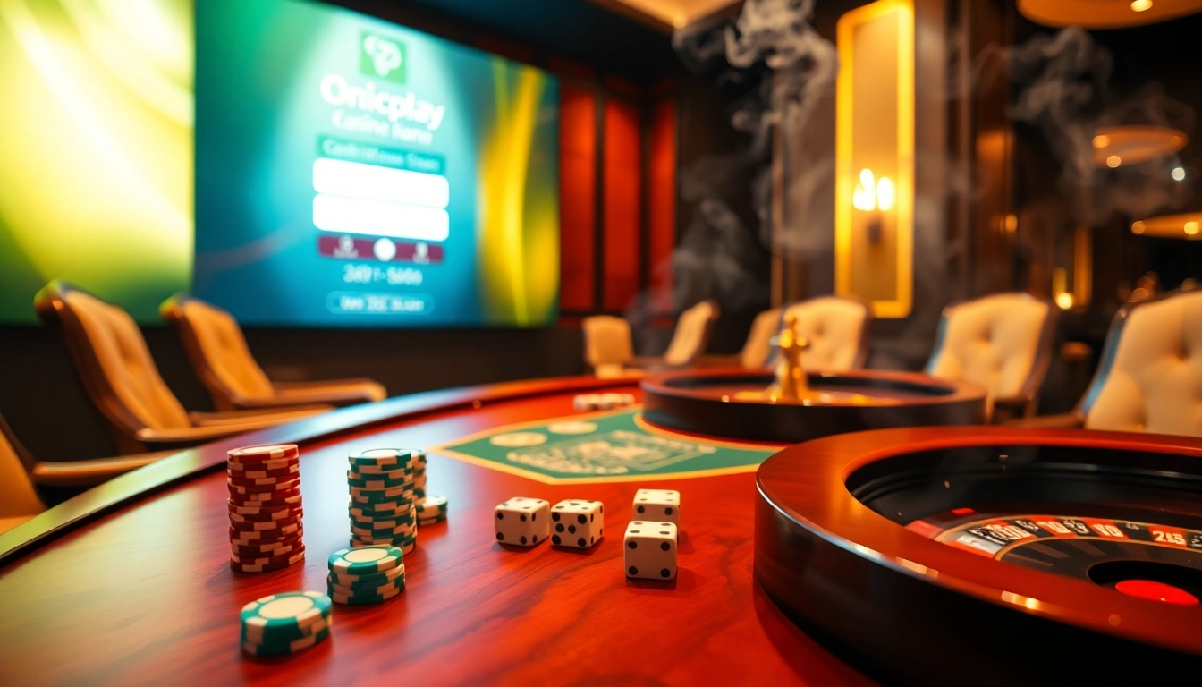 Login interface for onicplay showcasing a luxurious casino ambiance with roulette and poker elements.