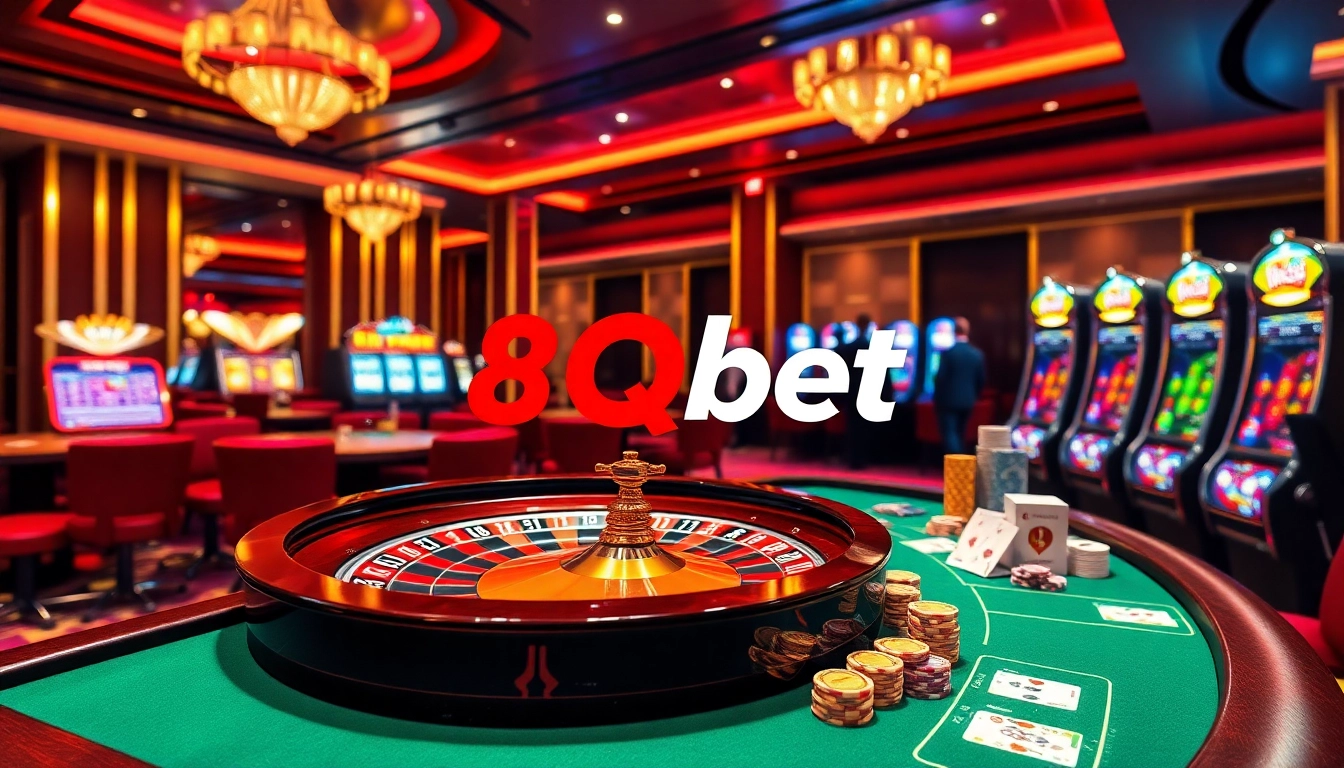 Gambling action scene showcasing 8qbet logo in a luxurious casino atmosphere.