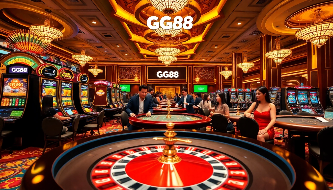 Players enjoying thrilling casino games at gg88, surrounded by colorful slot machines and poker tables.