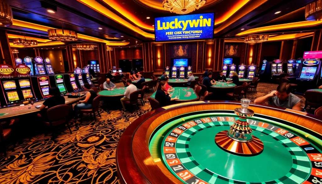 Luckywin casino scene featuring roulette tables, slot machines, and engaging players in a vibrant setting.