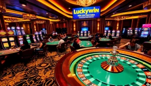 Luckywin casino scene featuring roulette tables, slot machines, and engaging players in a vibrant setting.