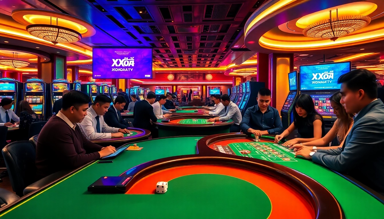 Xôi Xoài TV showcases an exciting casino atmosphere with players at the tables, experiencing the thrill of gambling.
