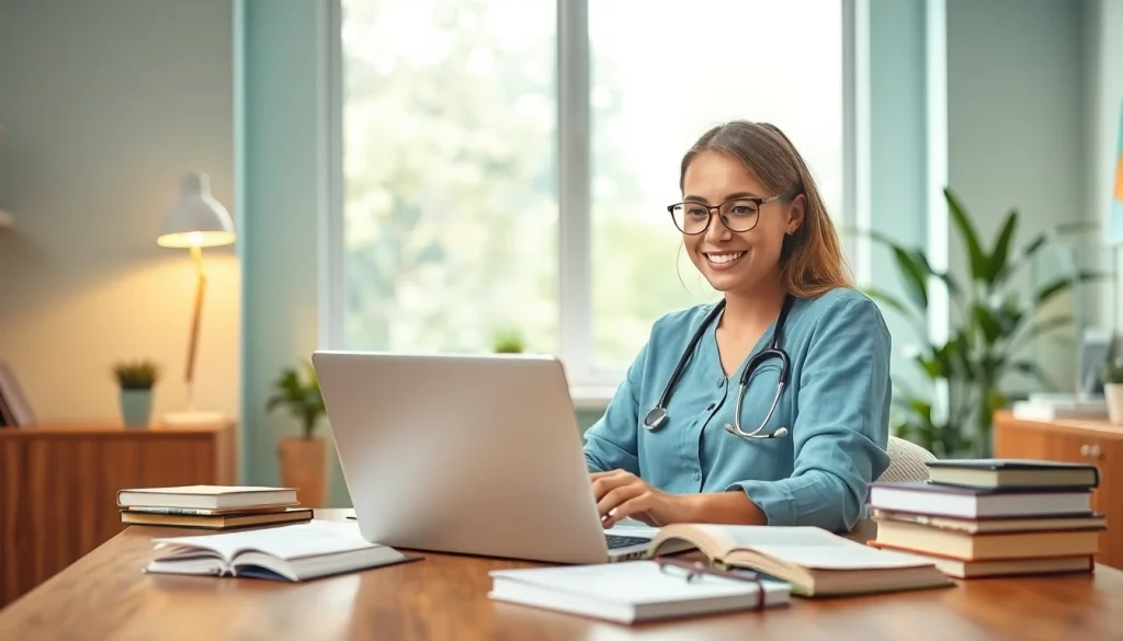 Low-cost nursing paper help showcased by a confident student at a warm, inviting workspace.