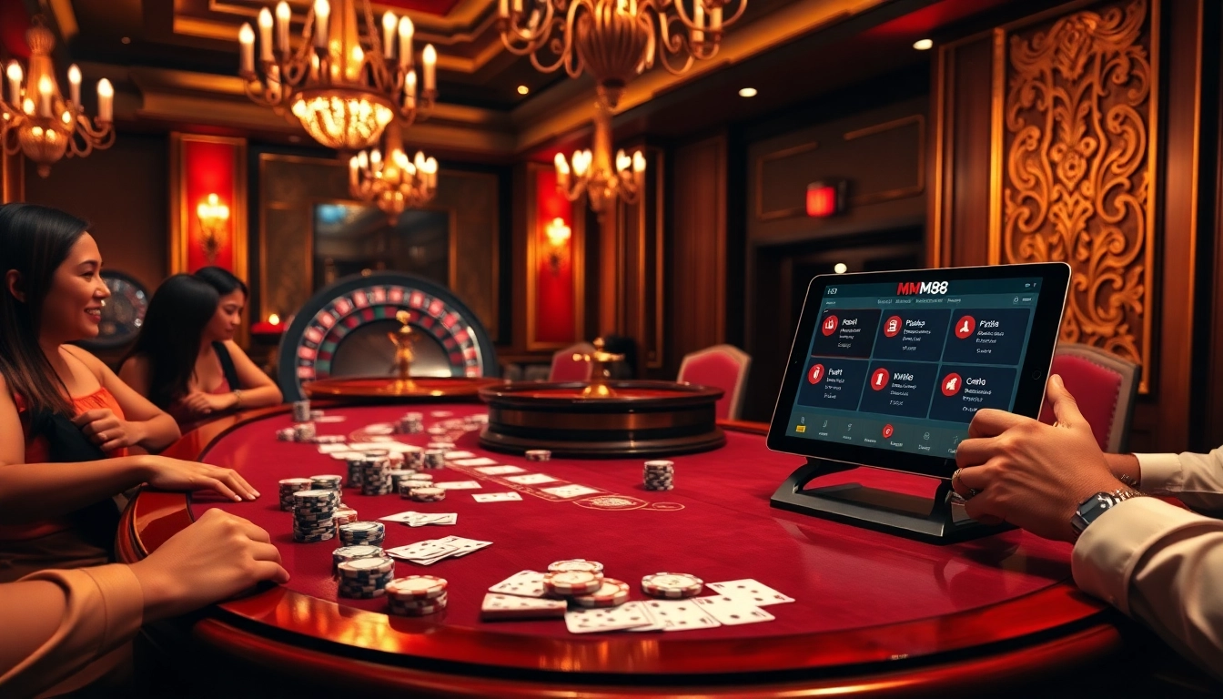 Experience the excitement of mm88 at a luxurious casino table surrounded by players and vibrant action.