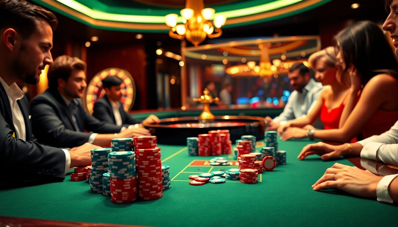 Experience the thrilling atmosphere of poker with gilajp, showcasing vibrant chips and a spinning roulette wheel.