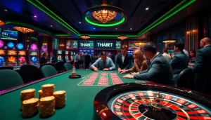 Gambling excitement at THABET's luxurious casino with players and vibrant tables.