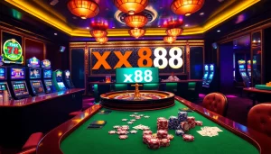 Experience the vibrant excitement of xx88 at a luxury casino with roulette and poker tables.