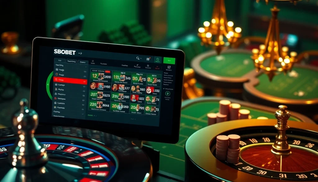 SBOBET online betting interface juxtaposed with luxurious casino elements like roulette and poker chips.