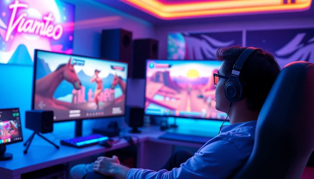 Porn games AI showcased on a vibrant high-tech gaming interface, featuring engaging characters and immersive gameplay.